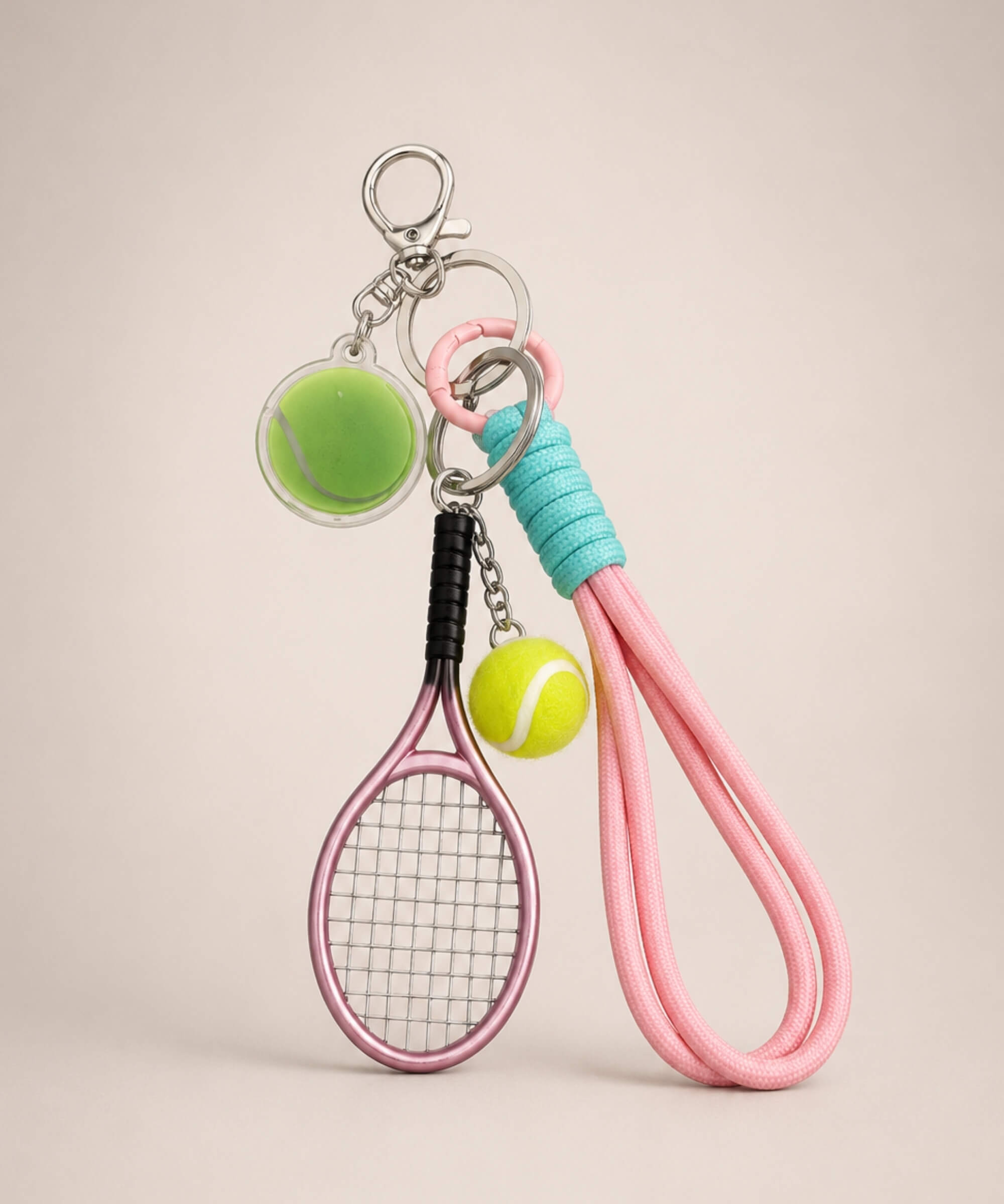 Pink tennis charm set rope keychain with mini racket, tennis ball charms and rope strap